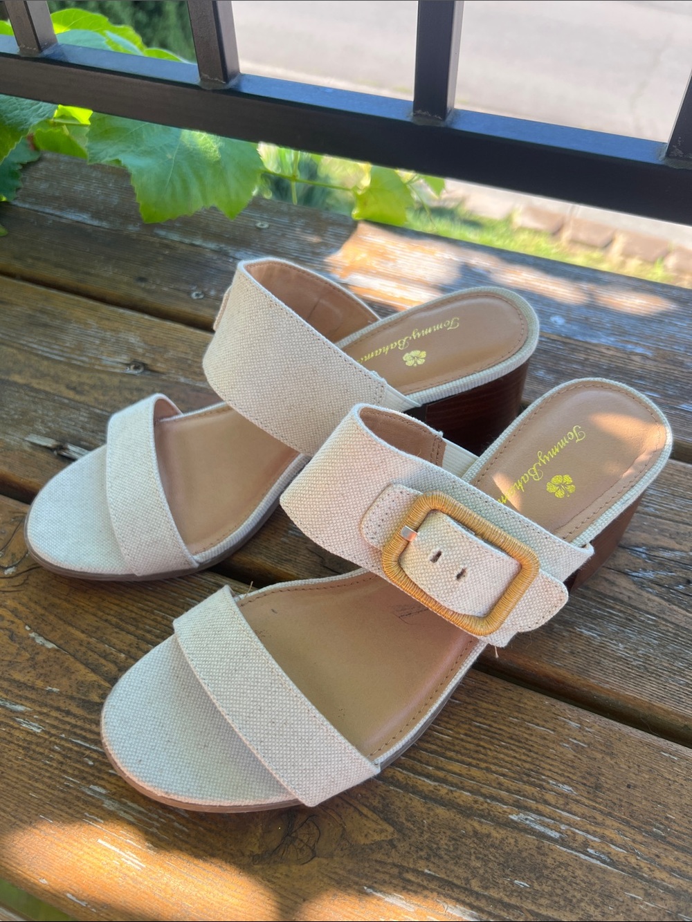 Tommy Bahama Trista Cream Linen Buckle Block Heel Sandals - Picture 5 of 13